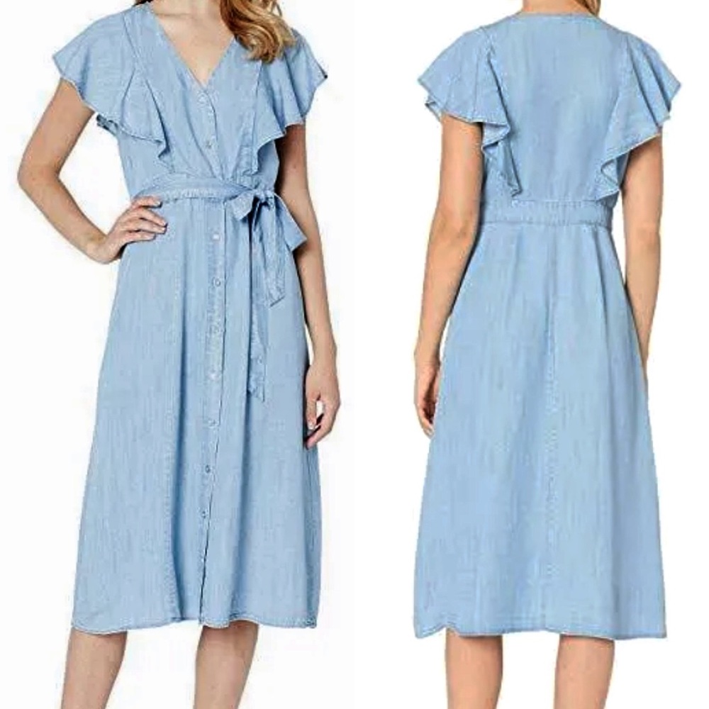 Vince Camuto Women's Blue Ruffled Button Front Chambray Shirt Dress Size…